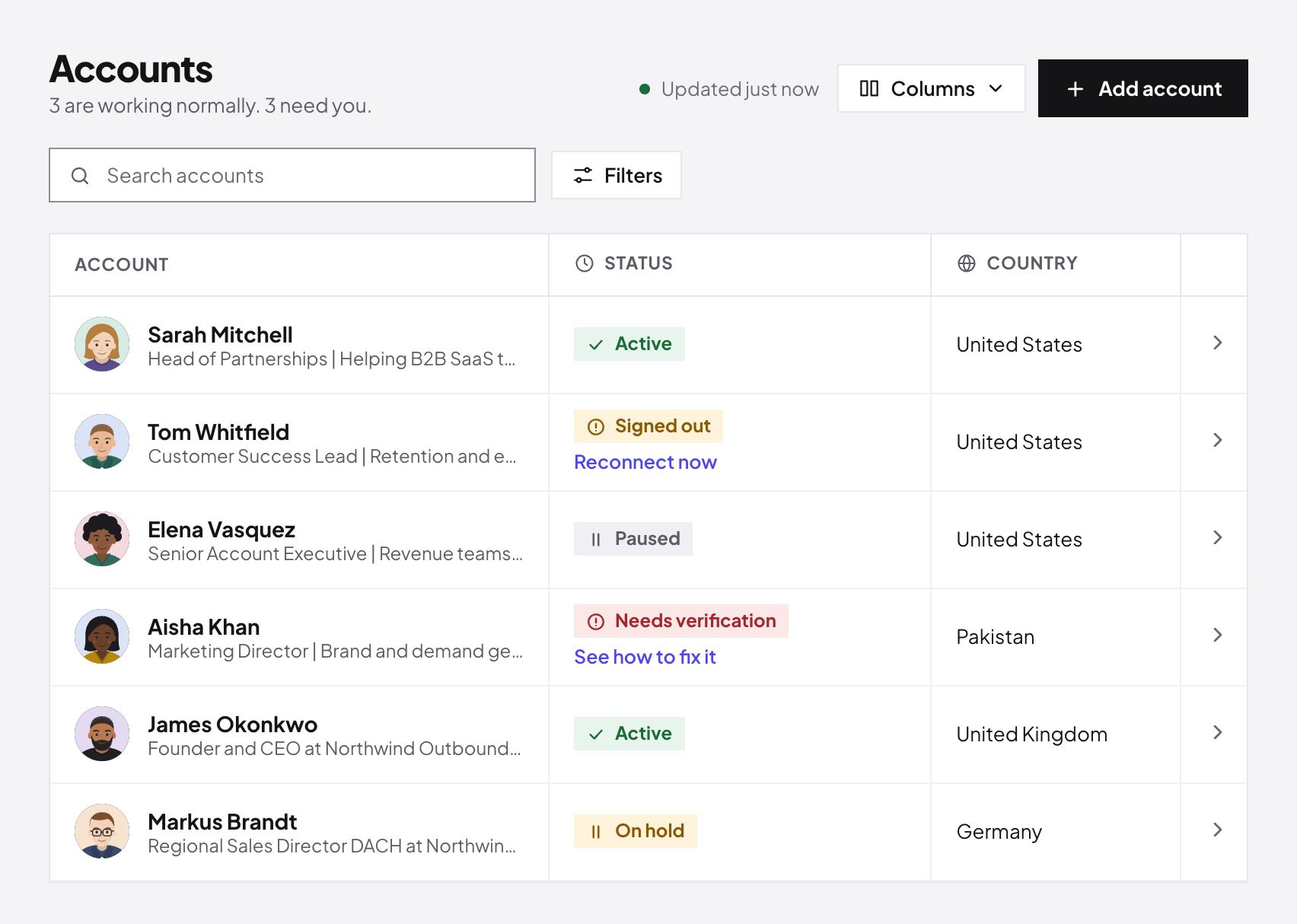 The Accounts page: connected accounts with a photo, status and country, and a link to reconnect an account that was signed out