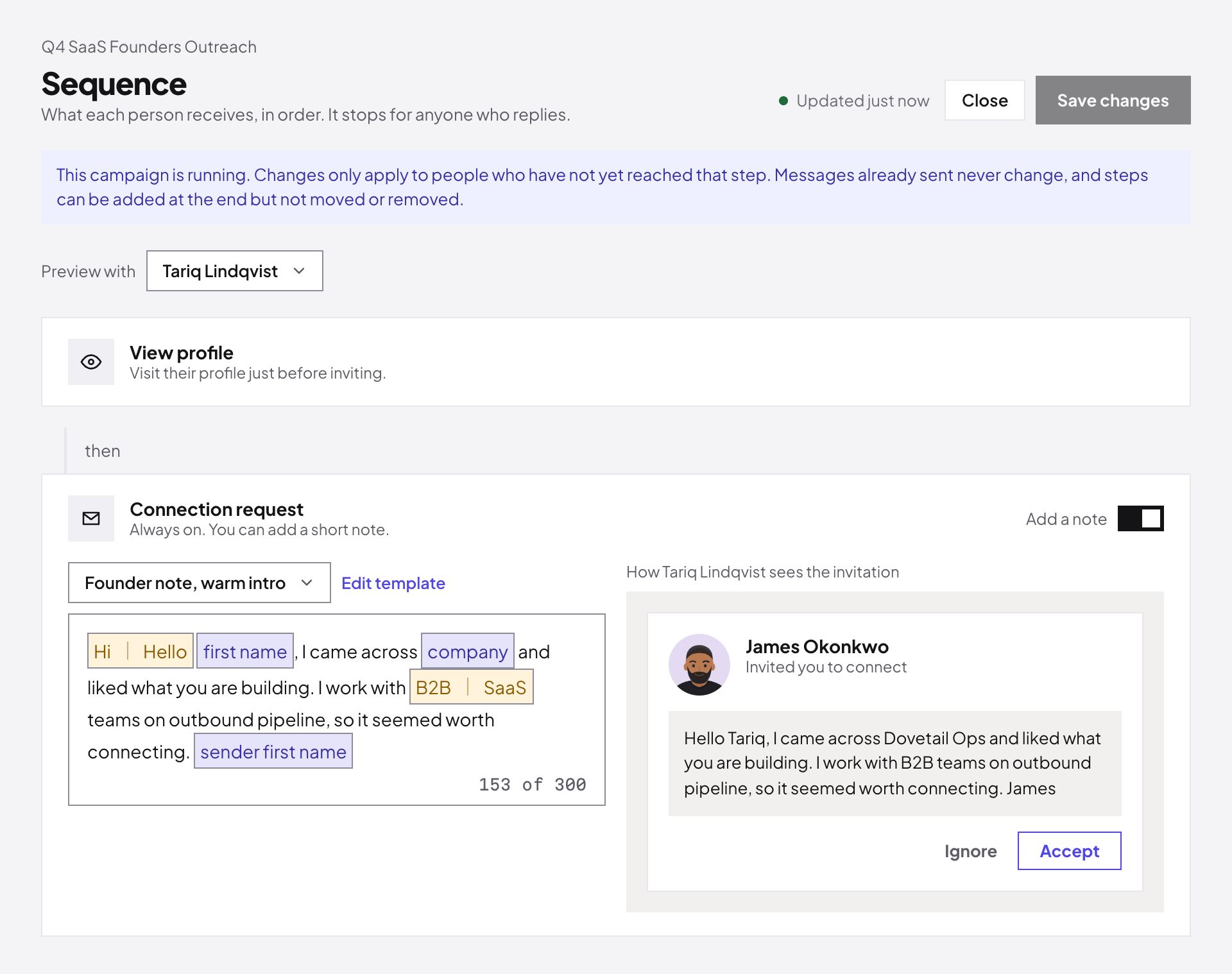 The sequence editor: a profile view, then a connection request with a note that has variables and wording variations, and a live preview of how the lead sees it