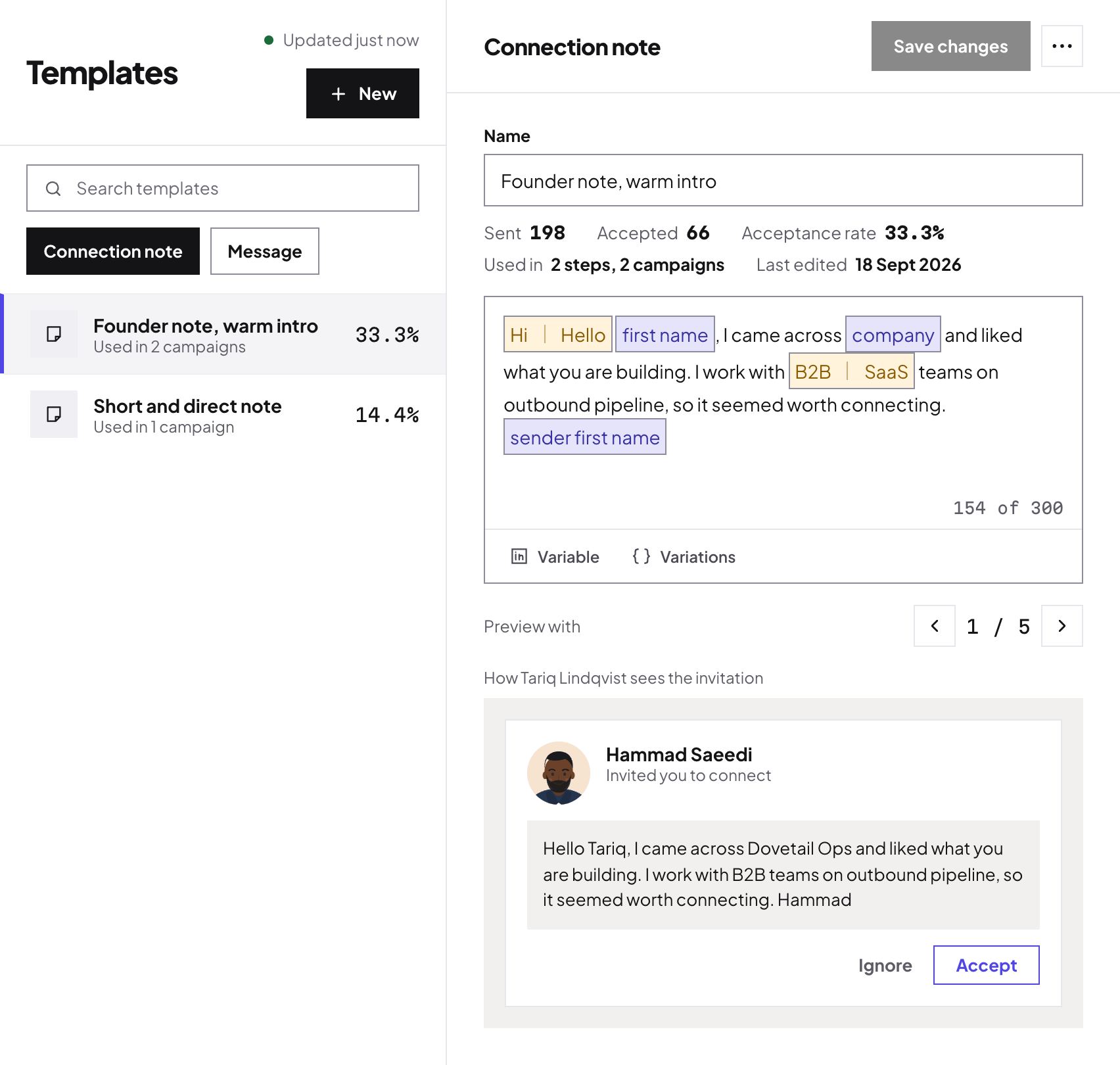 The template editor: a connection note with variables and wording variations, its acceptance rate and a live preview